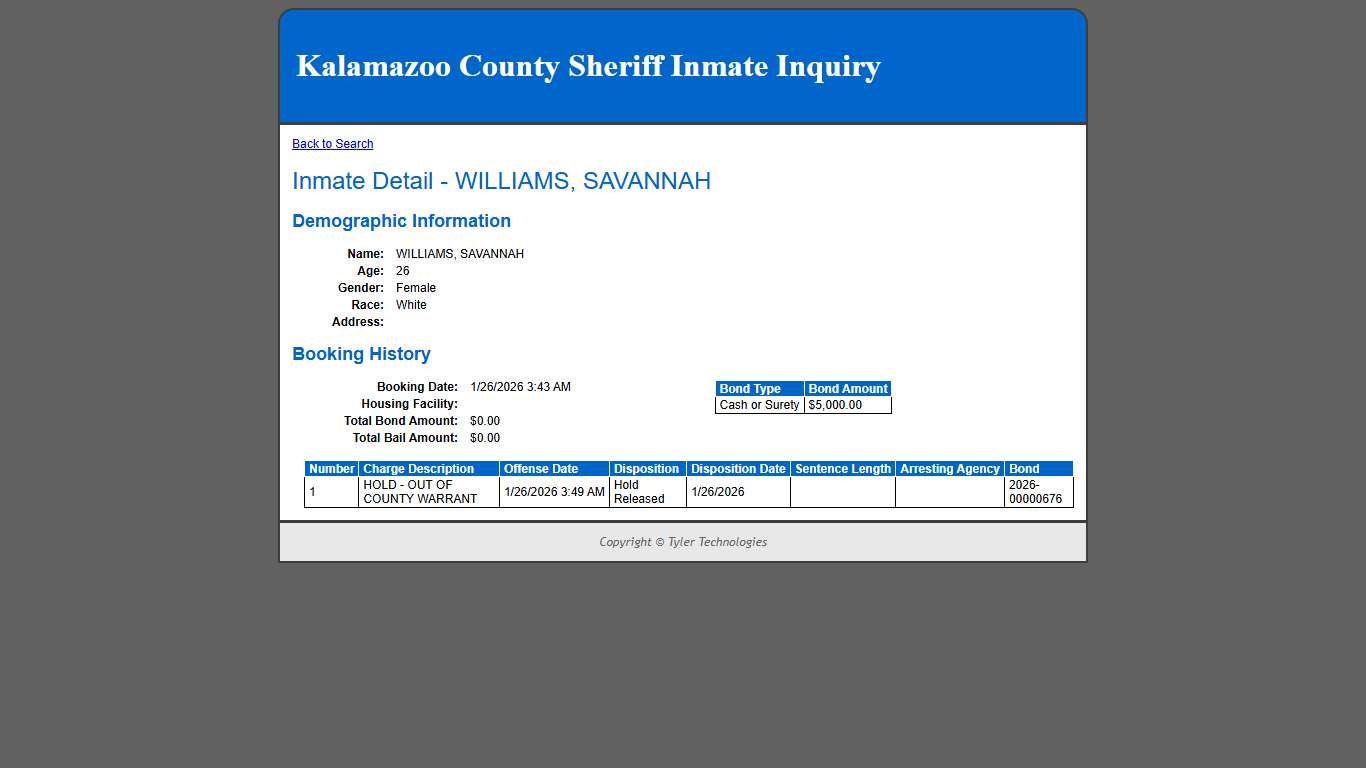 Inmate Detail - WILLIAMS, SAVANNAH