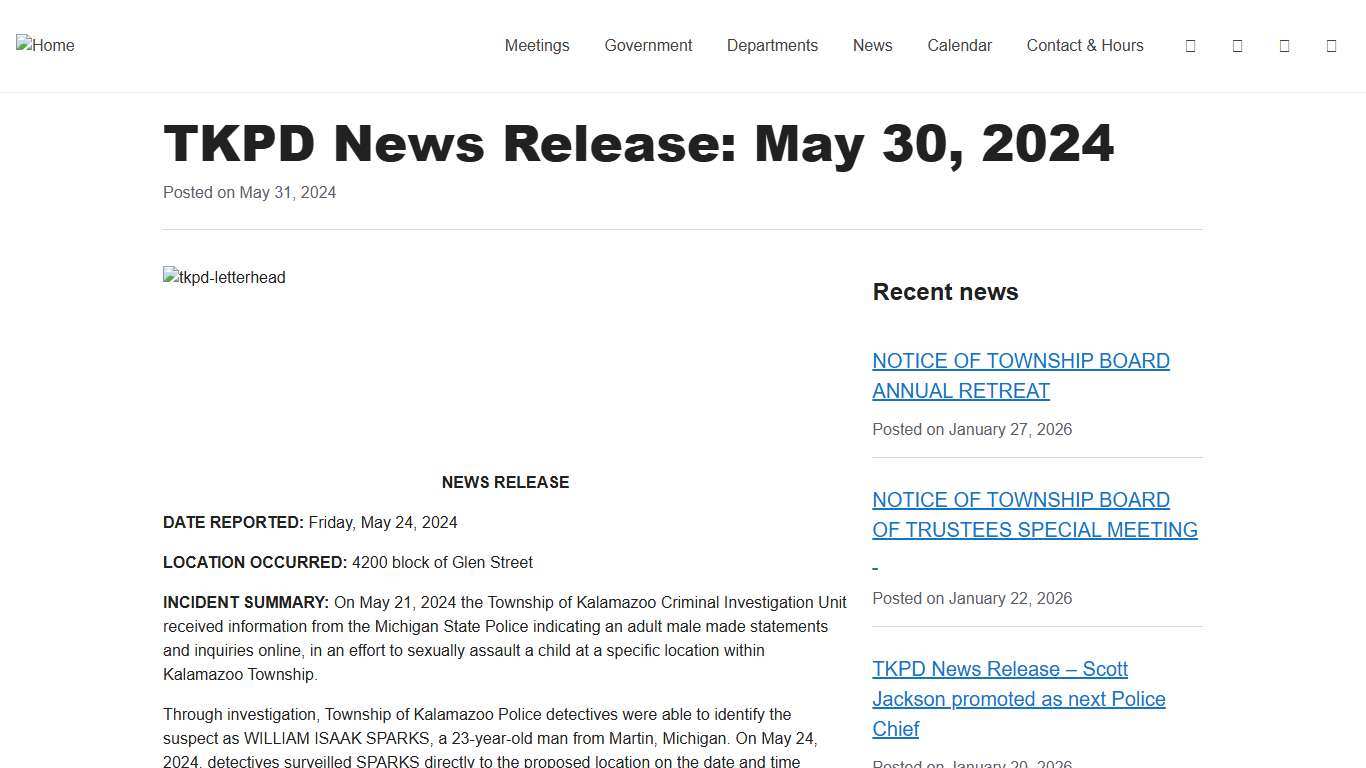 TKPD News Release: May 30, 2024 - Charter Township of Kalamazoo, MI